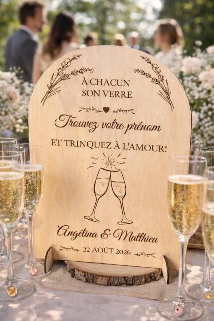 panneau mariage bois marque-verres invités avec verres champagne