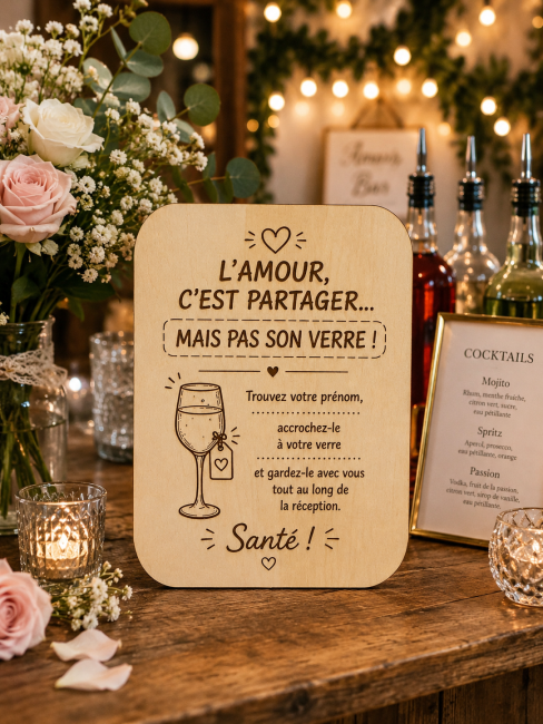 Signalétique mariage en bois gravé pour identifier les verres lors d'une réception de mariage