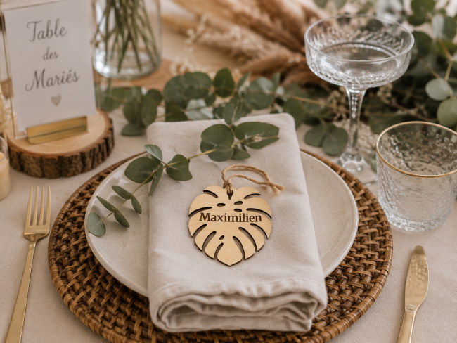 Décoration de table bohème avec porte-nom Monstera Décoration de table mariage bohème avec porte-nom Monstera personnalisé en bois