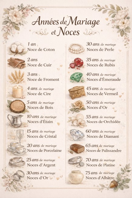 années de mariage et noces correspondantes liste des années de mariage et leur signification noces de coton cuir bois argent or diamant