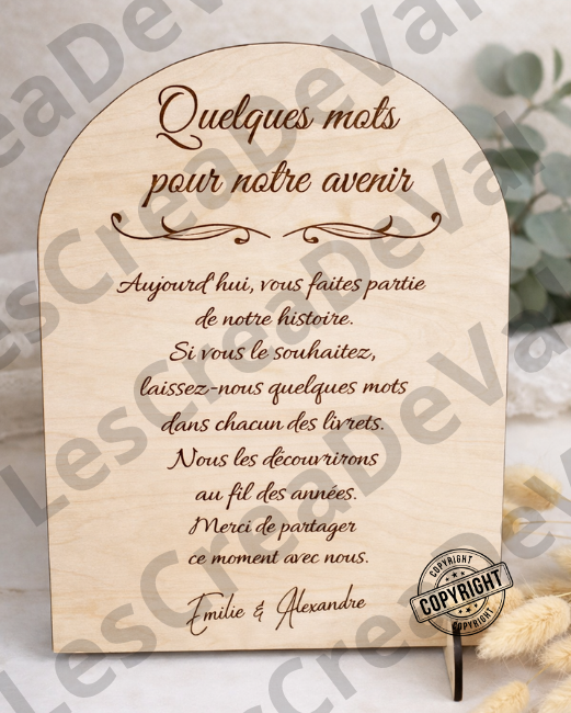 panneau mariage bois gravé animation capsule temporelle invités panneau explicatif mariage quelques mots pour notre avenir capsule temporelle invités