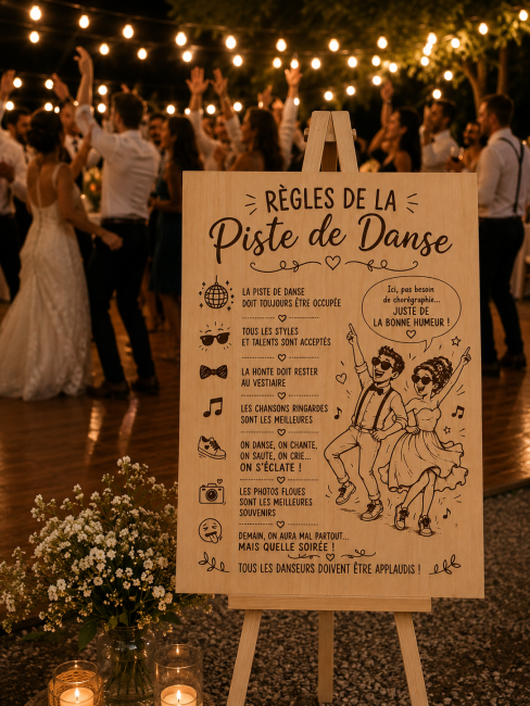 Panneau mariage avec danseurs en arrière-plan Panneau Règles de la piste de danse avec couple de mariés danseurs devant une piste de danse animée