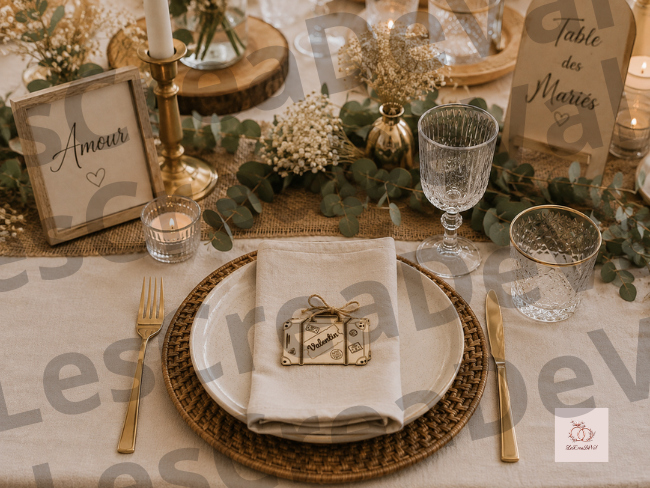 Décoration de table mariage avec porte-nom valise personnalisé en bois Décoration de table de mariage sur le thème du voyage avec porte-nom en bois personnalisé en forme de valise posé sur une assiette