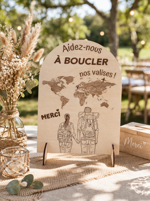 panneau mariage bois cagnotte voyage aidez nous boucler valises decoration champetre