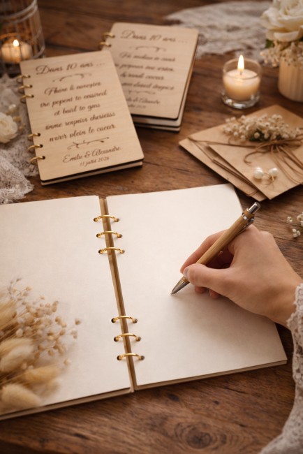 invités écrivant un message dans un livre d’or de mariage en bois