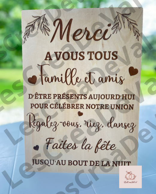 Panneau merci mariage en bois pour remercier famille et amis