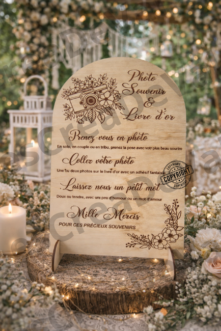 panneau photobooth mariage bois gravé avec fleurs et décoration champêtre