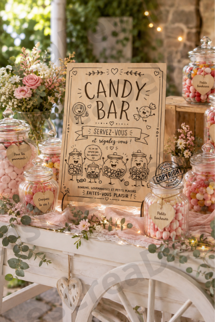Décoration Candy Bar mariage avec panneau en bois gravé A3