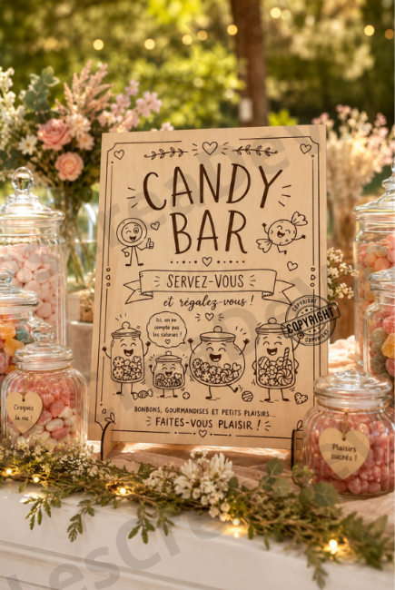 Panneau Candy Bar mariage en bois gravé avec bonbonnières