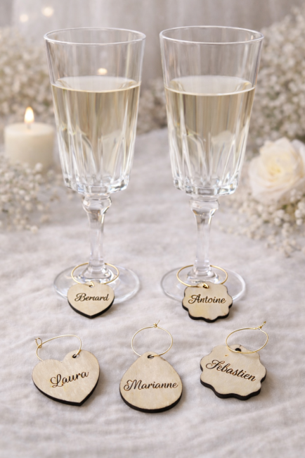 Marques-places en bois personnalisés pour mariage autour du pied de verre – modèles cœur, fleur et goutte d’eau