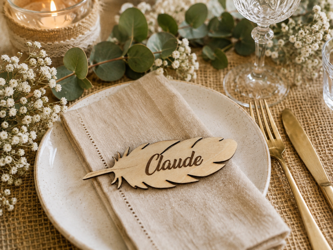 Marque-place plume personnalisé sur serviette de mariage Marque-place mariage en bois en forme de plume gravé au prénom de l'invité présenté sur une serviette en lin