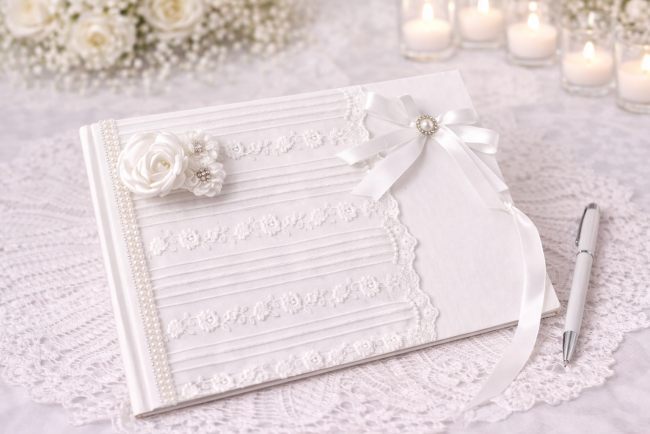 Livre d’or mariage dentelle blanche romantique personnalisé