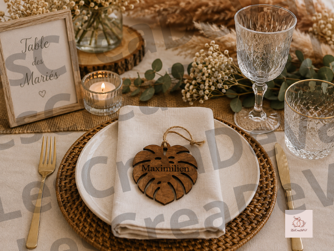 Porte-nom mariage Monstera en bois teinté chêne moyen personnalisé avec prénom gravé