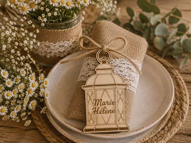 Porte-nom mariage en bois en forme de lanterne avec ficelle de jute sur une décoration de table bohème et champêtre