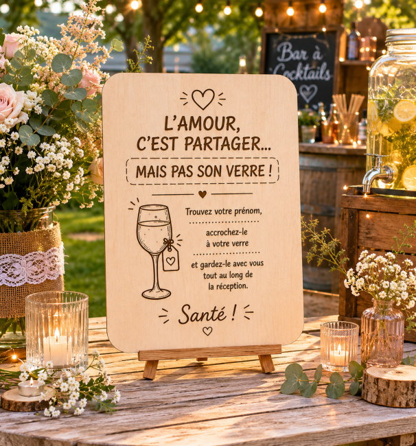 Panneau marque-verre mariage en bois gravé installé sur une table extérieure près d'un bar à cocktails