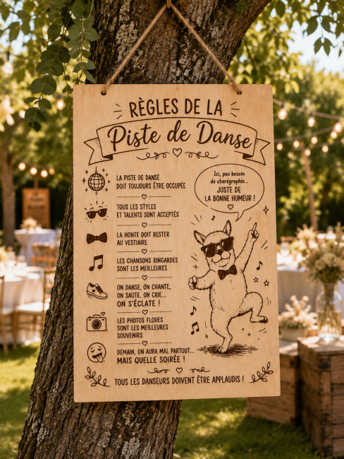 Panneau mariage Règles de la piste de danse avec chien danseur suspendu à un arbre lors d'un mariage en extérieur