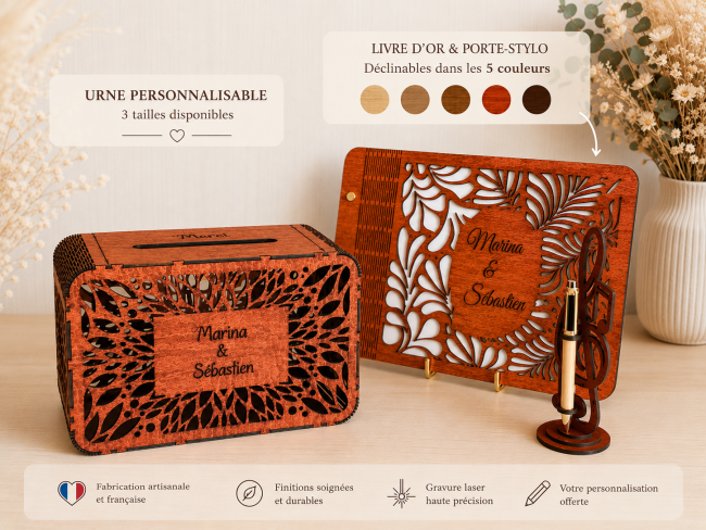 Collection mariage personnalisée – urne et livre d'or en bois Ensemble urne et livre d'or en bois assortis personnalisés pour mariage