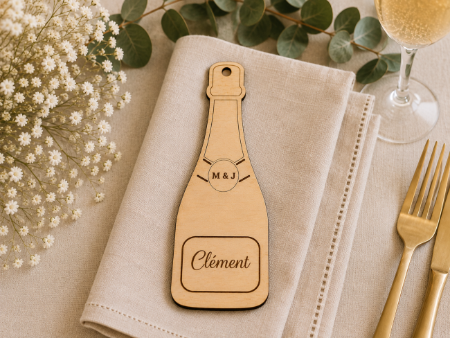 Porte-nom mariage en bois personnalisé en forme de bouteille de champagne posé sur une assiette avec ruban satin