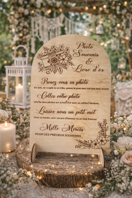Décoration mariage panneau livre d’or photobooth bois panneau photobooth mariage bois gravé avec fleurs et décoration champêtre