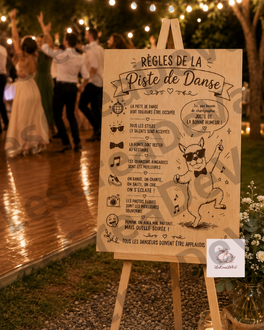 Panneau mariage en bois Règles de la piste de danse avec chien danseur sur chevalet au bord de la piste de danse