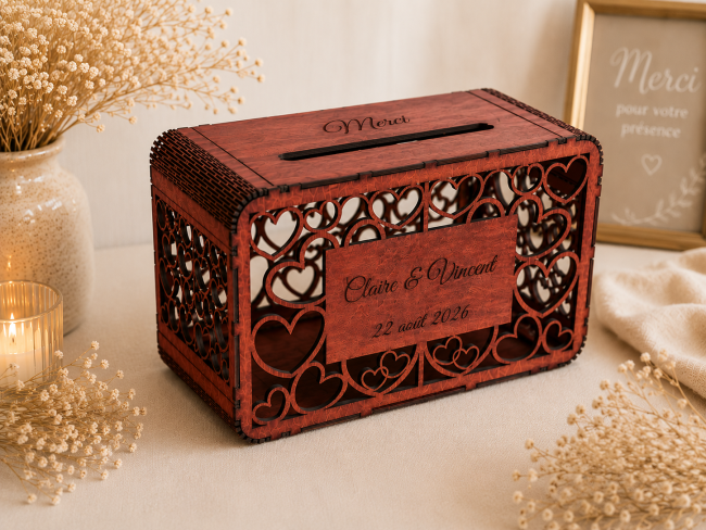 Urne mariage personnalisée finition acajou Urne de mariage personnalisée en bois finition acajou avec motif cœurs