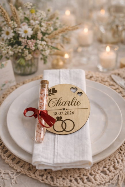 Marque-place et cadeau invité 2 en 1 – Décoration de table mariage personnalisée Marque-place mariage en bois personnalisé avec tube en verre rempli de sel rose posé sur serviette