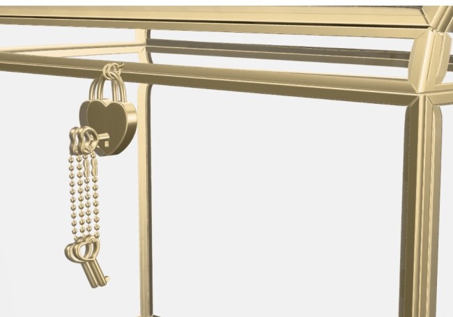 Détail du cadenas en forme de cœur de l'urne de mariage en verre doré
