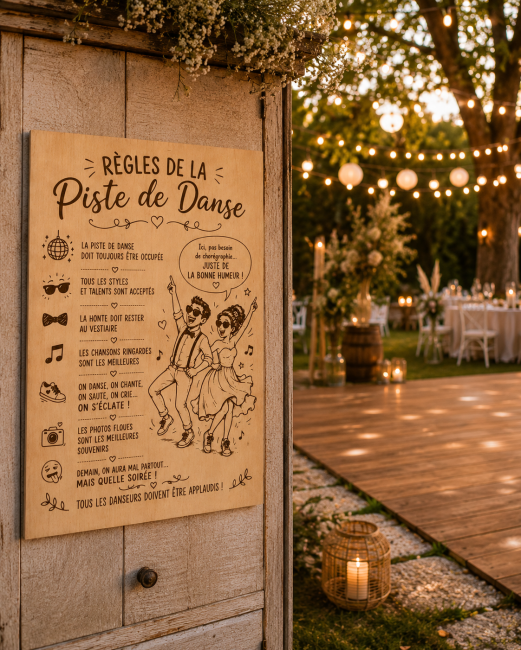 Décoration piste de danse mariage en bois Panneau mariage en bois Règles de la piste de danse installé à côté de la piste de danse lors d'une réception