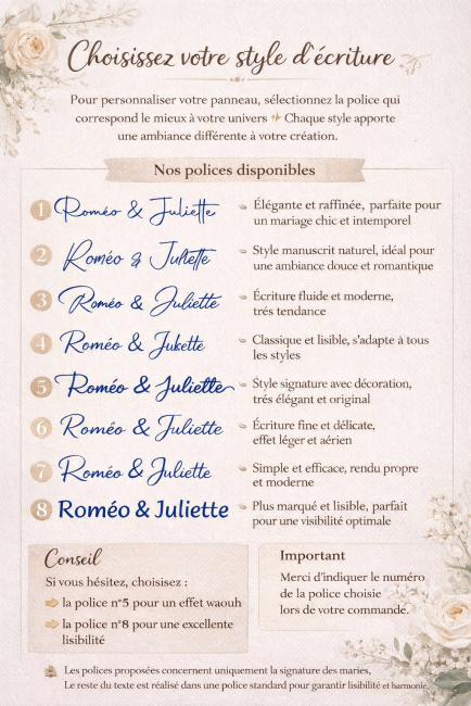 choix-polices-panneau-marque-verre Choix des styles d'écriture disponibles pour le panneau mariage et les marque-verres personnalisés