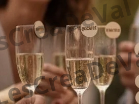 Marque-verres en bois personnalisés avec pince fixés sur des flûtes à champagne lors d'un mariage