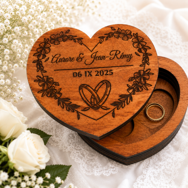 Boîte à alliances en bois personnalisée ouverte avec couvercle floral gravé