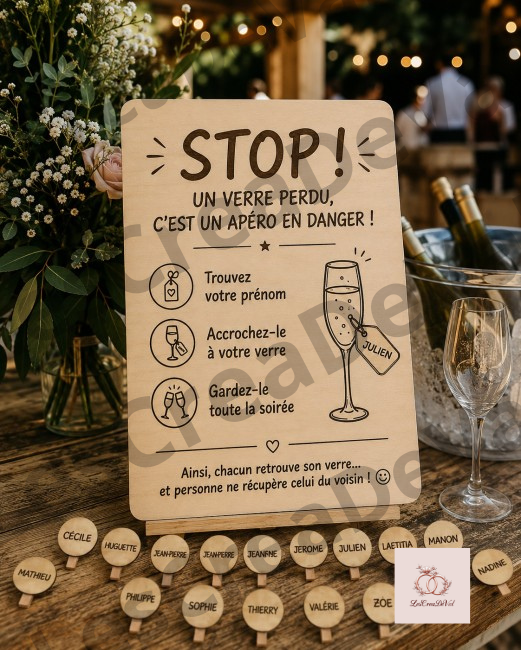 Panneau en bois STOP un verre perdu présenté avec les marque-verres personnalisés en ambiance mariage