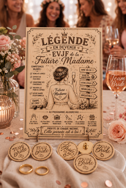 Panneau EVJF Future Madame accompagné de pins Team Bride en bois