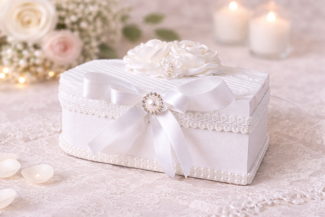 Boîte alliances mariage blanche dentelle ruban satin