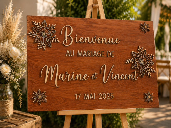 panneau-bienvenue-bois-merisier Panneau de bienvenue mariage personnalisé en bois teinte merisier avec lettres en relief