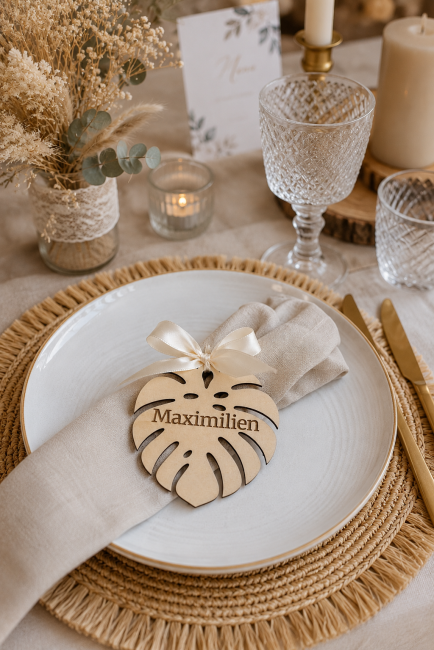 Porte-nom Monstera présenté sur une table de mariage Porte-nom mariage en forme de feuille Monstera posé sur une assiette bohème