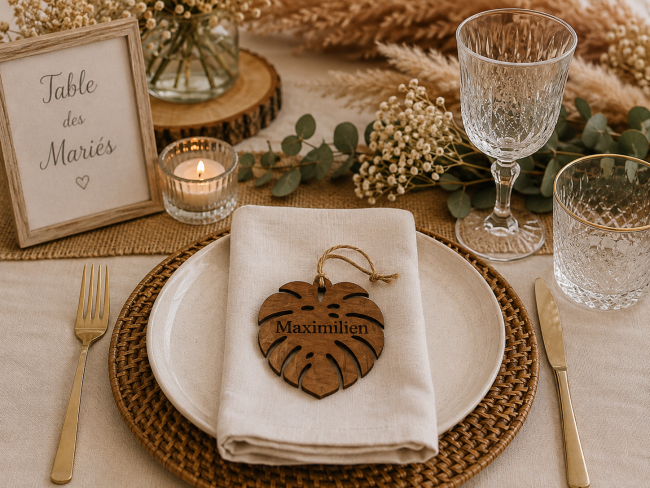 Porte-nom Monstera personnalisé teinte chêne moyen Porte-nom mariage Monstera en bois teinté chêne moyen personnalisé avec prénom gravé