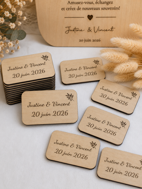 Cartes personnalisées en bois avec prénoms et date pour jeu des binômes mariage