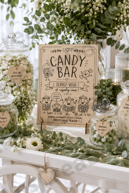 Panneau bar à bonbons mariage en bois décoration champêtre