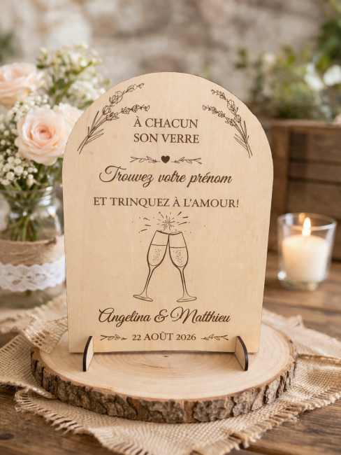 panneau mariage bois marque-verres décoration champêtre bougie