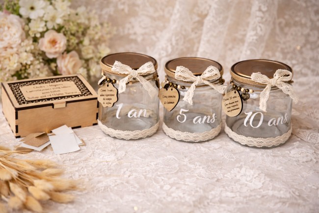 rituel-mariage-1-5-10-ans-3-pots-boheme.jpg rituel mariage 1 an 5 ans 10 ans avec 3 pots décorés bohème et boîte en bois gravée