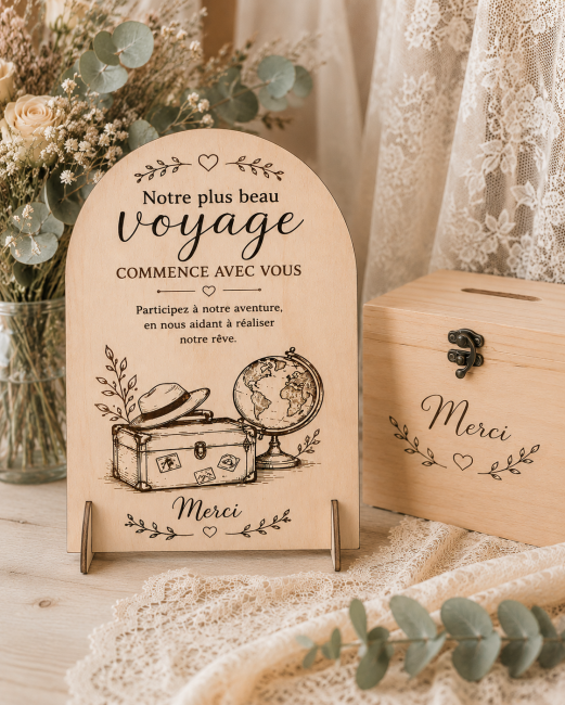 Panneau urne mariage thème voyage en bois personnalisé – LesCreaDeVal Panneau urne mariage voyage en bois personnalisé avec urne assortie décoration bohème