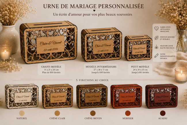 Urne de mariage en bois personnalisable – 3 tailles et 5 couleurs Urne de mariage personnalisée en bois disponible en 3 tailles et 5 finitions