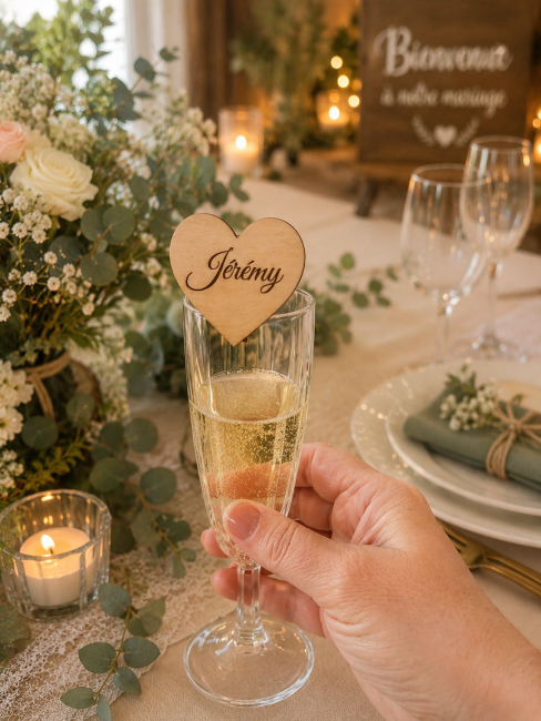 Marque-verre cœur personnalisé pour mariage Marque-verre cœur personnalisé en bois accroché à une flûte de champagne