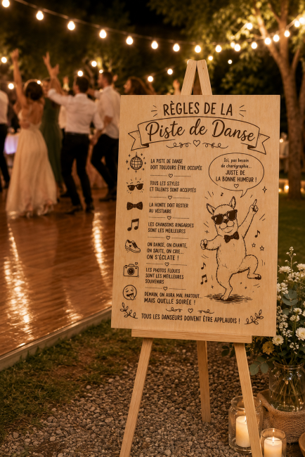Panneau mariage en bois Règles de la piste de danse avec chien danseur sur chevalet au bord de la piste de danse