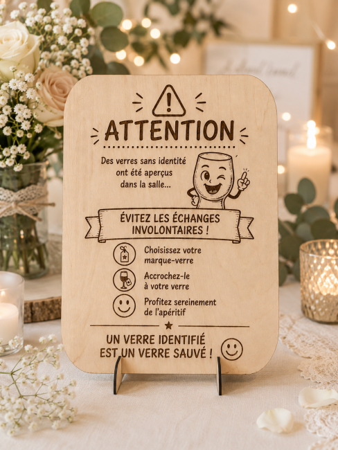 Panneau marque-verre humoristique en bois gravé pour mariage avec décoration florale et bougies