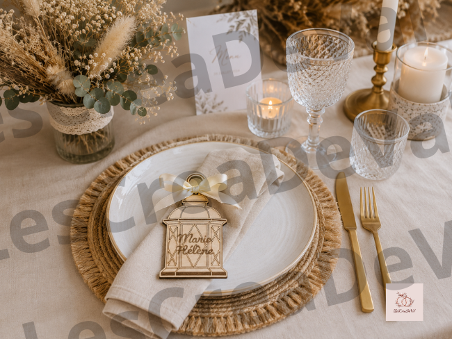 Porte-nom mariage en bois personnalisé en forme de lanterne présenté sur une assiette dans une décoration de table champêtre