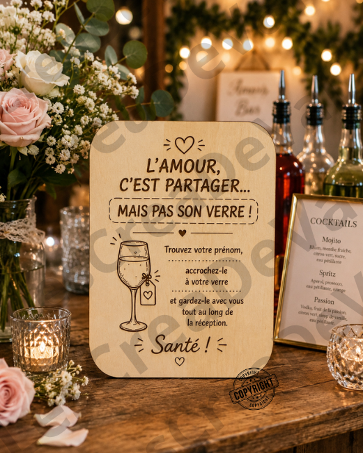 Signalétique mariage en bois gravé pour identifier les verres lors d'une réception de mariage