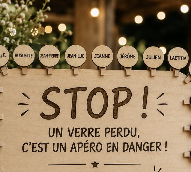 detail-panneau-stop-marque-verre-bois Détail du panneau mariage STOP avec marque-verres en bois personnalisés fixés sur le bord