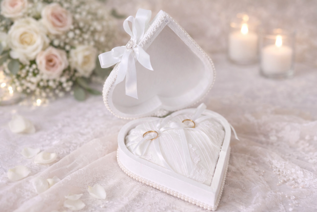 Boîte à alliances  cœur ouverte coussin alliances dentelle